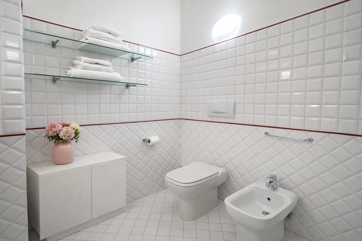 sanitari-bagno-camera-mecenate Bagno della camera Mecenate con WC, bidet, asciugamani e rivestimenti bianchi geometrici