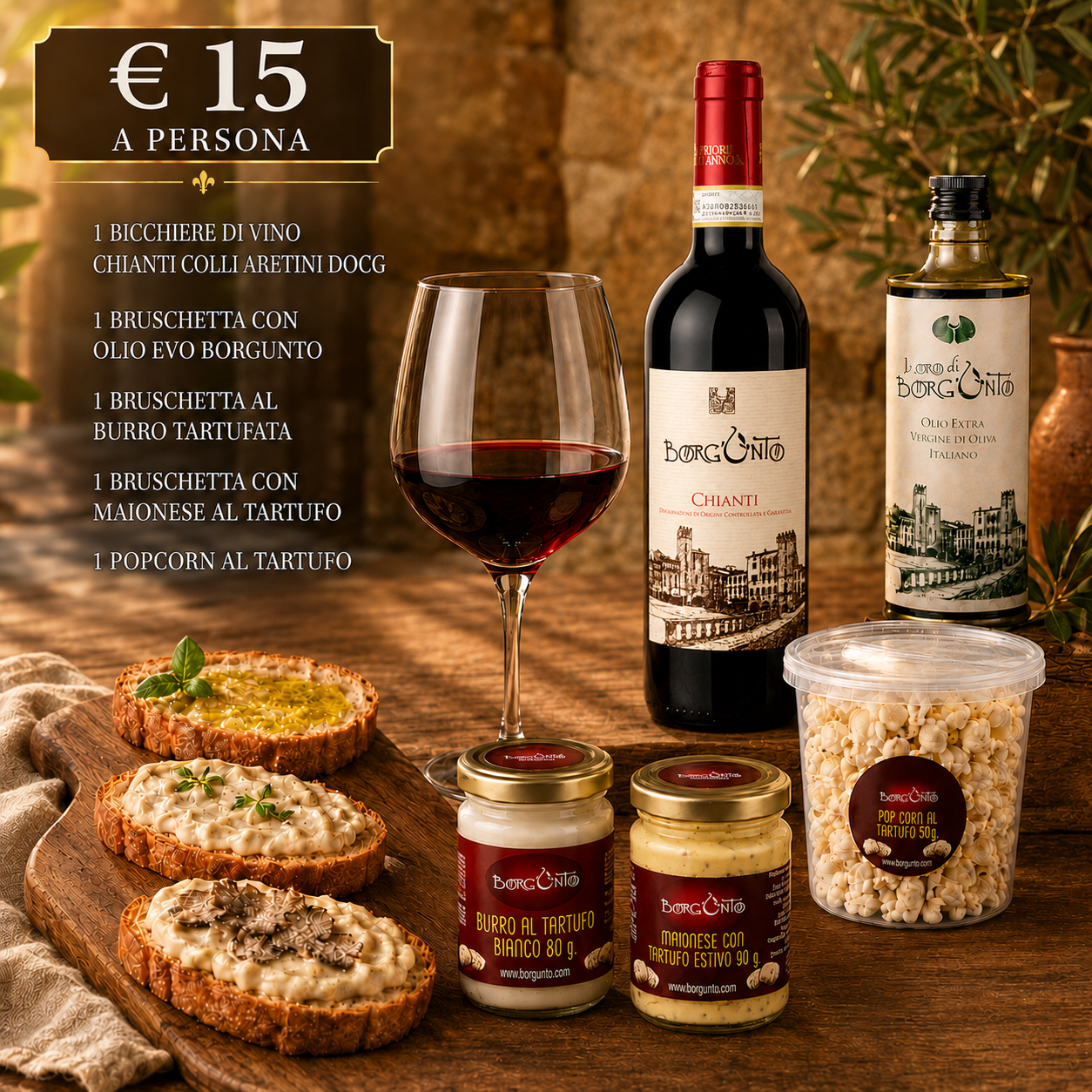 Klassische toskanische Weinprobe – Chianti-Wein, Bruschetta mit Olivenöl extra vergine und Trüffeln (+18)