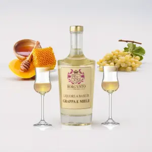 Box degustazione con tre bottiglie di grappa artigianale aromatizzata al miele di Millefiori Borgunto - distillato toscano in elegante confezione regalo