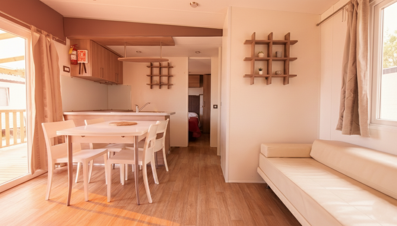 bungalow-salvia-cucina-living-interno.png Cucina e living Bungalow Salvia attrezzati - Viovillas Agricamping Arezzo