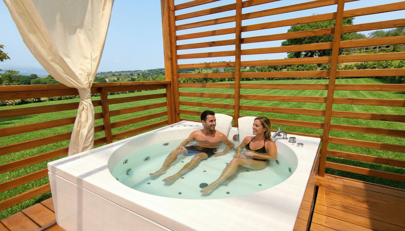 bungalow-salvia-coppia-jacuzzi-esterna.png Coppia nella jacuzzi esterna Bungalow Salvia - Viovillas Arezzo Toscana