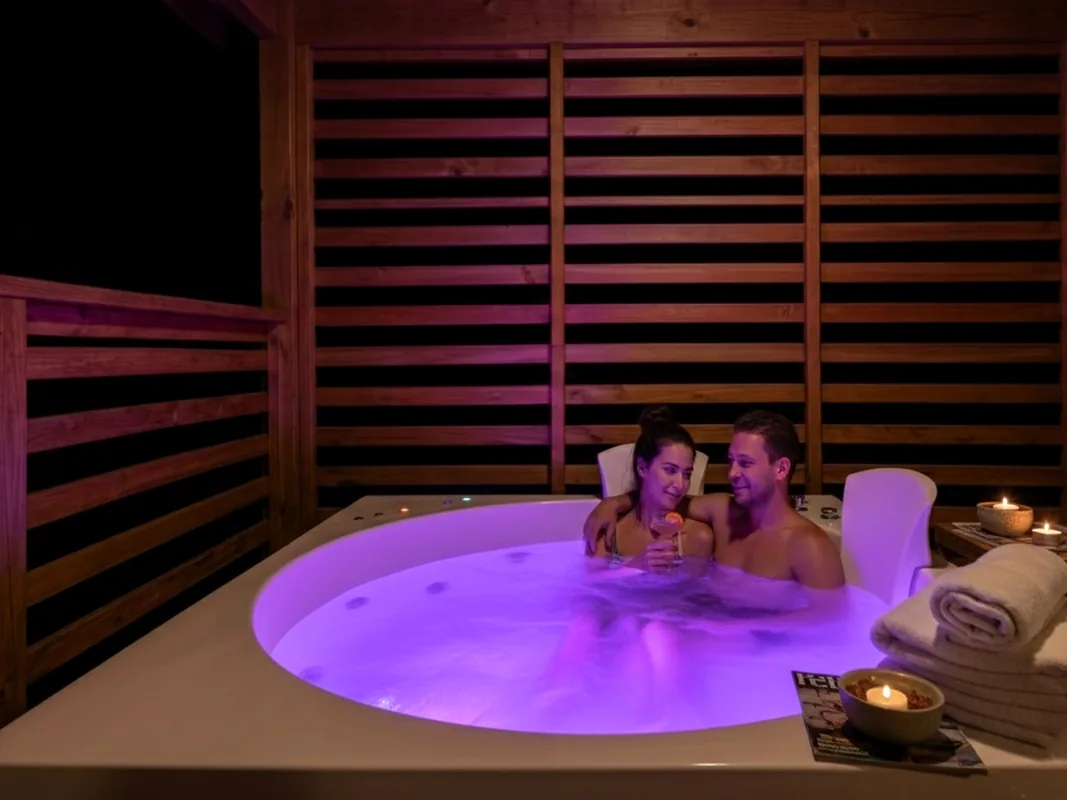 jacuzzi-privata-per-coppie-ad-arezzo Coppia nella vasca idromassaggio privata illuminata del bungalow Mirto