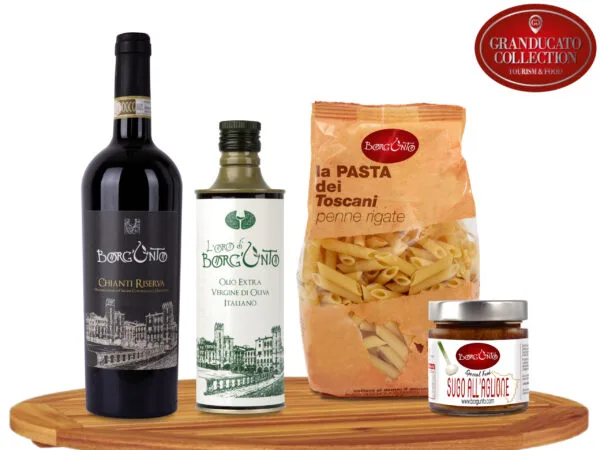 Cooking box for lunch or dinner with Chianti wine, pasta, olive oil and sauce