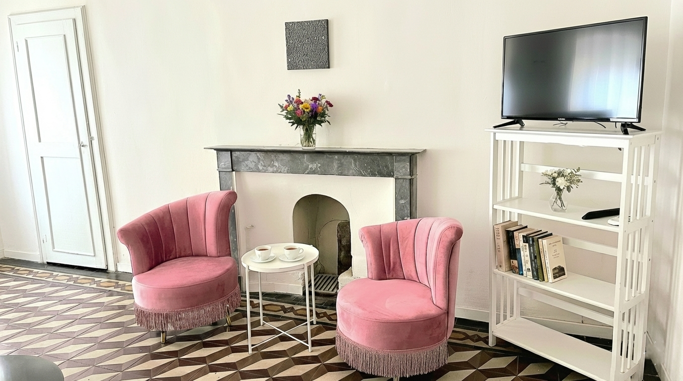 angolo-relax-loft-2-108-arezzo Angolo relax del loft con poltrone rosa, camino, tavolino e TV